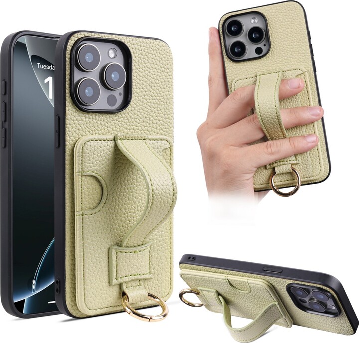 High End TPU+PU Leather Green Case for iPhone 11 13 12 14 15 16e Pro Max Fashion Wrist Strap Ring Grip Card Holder Wallet Sleev
