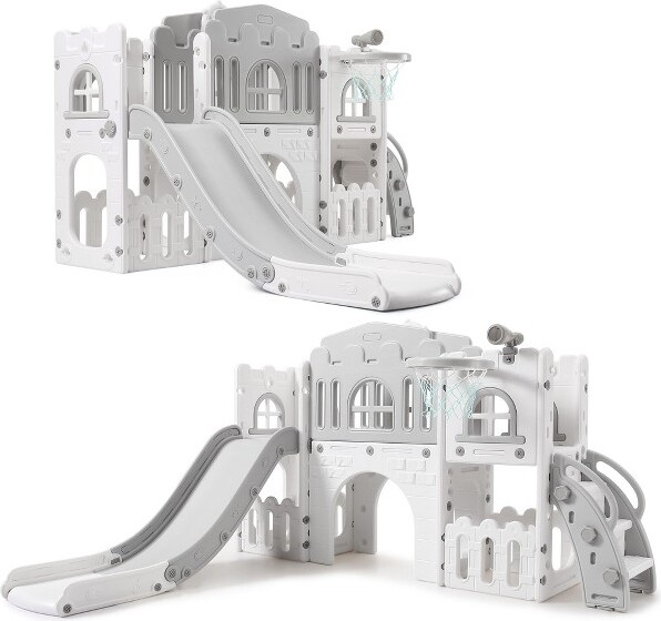 EcoSummer 8-in-1ToddlerSlideIndoorOutdoorPlaysetwithClimberTunnelBasketballHoopStorageforToddlersAges1-3