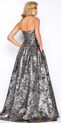 Mac Duggal Strapless Metallic Floral Embroidered Ball Gown