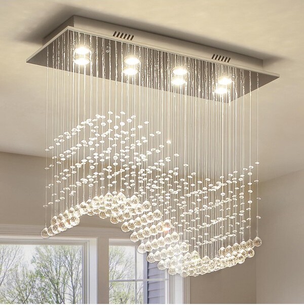 Ludomide8-LightsModernRectangleCrystalChandelierLightingWaveRaindropFlushMountCeilingLightFixtureforDiningRoom