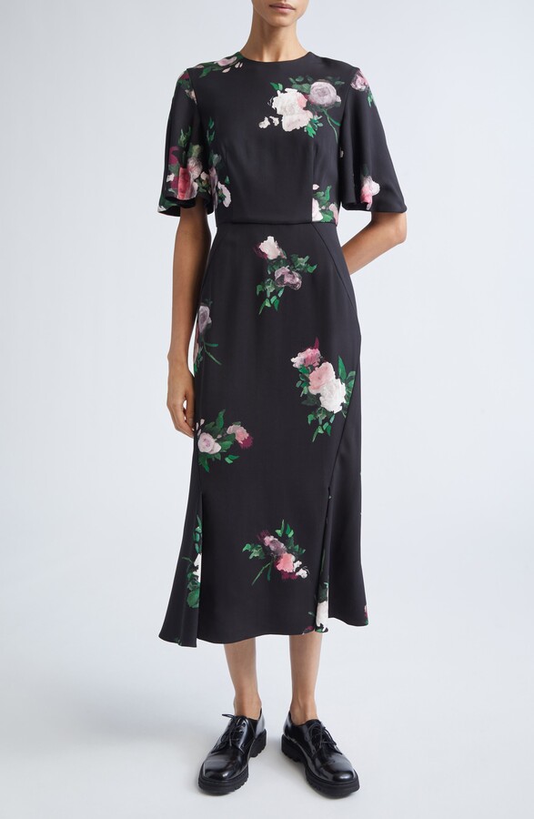 Erdem Floral Flutter Sleeve Stretch Cady Midi Dress