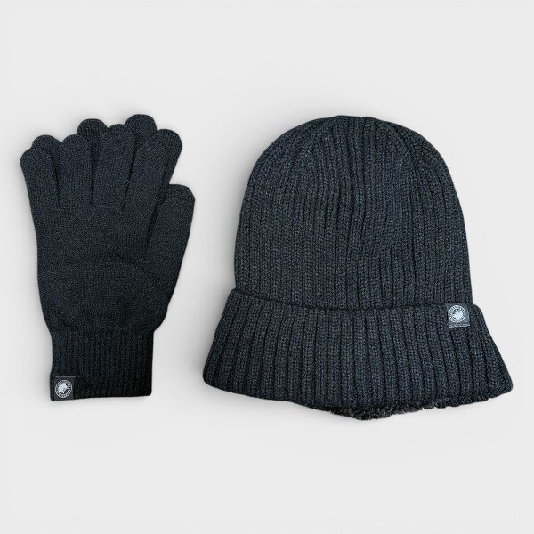 Canada Weather Gear CanadaWeatherGearWomen'sWinterHatandGlovesSet-WarmKnittedThermalPlushBeaniewithKnitGloves-Black