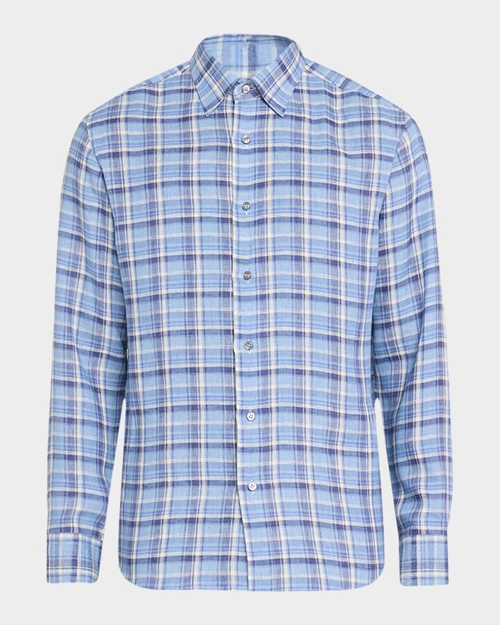 Brioni Men's Linen Plaid Casual Button-Down Shirt