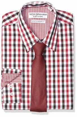 Nick Graham mens Stretch Modern Fit Mini Check Dress and Solid Tie Set Button Down Shirt