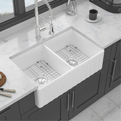 SnugglySolace 33 Inch Ceramic Double Bowl White Farm Kitchen Sink - To Scratches And Wear, Good For Housework High Strength, Scratch Proof, Suitable Pans