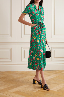 HVN Maria Belted Floral-print Silk Maxi Shirt Dress