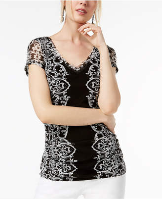 INC International Concepts Lace Ruched Mesh V-Neck Top, Created for Macy's