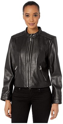 Lauren Ralph Lauren Petite Zip Front Diamond Quilt Leather Jacket (Black) Women's Coat