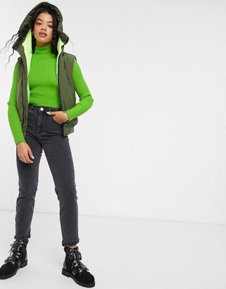 ASOS DESIGN hooded contrast gilet jacket in khaki and neon yellow