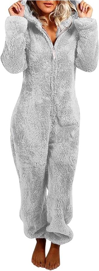 Buetory Womens Winter Warm Sherpa Romper Fleece Onesies Pajama One Piece  Zipper Fuzzy Hooded Jumpsuit Sleepwear Playsuits(Grey - ShopStyle