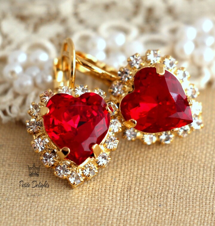 Etsy Ruby Crystal Drop Earrings Red Heart Bridal Dangle Valentines Gift For Her Earrings