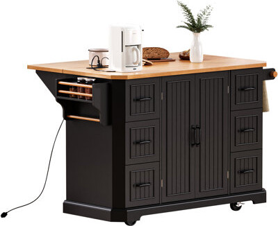 Ophelia & Co. K&K 56 Inch Kitchen Island With Rubber Wood Veneer Drop Leaf