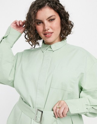 Collusion Plus belted shirt mini dress in green