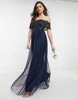 Thumbnail for your product : Maya Bridesmaid bardot maxi tulle dress with tonal delicate sequins in navy