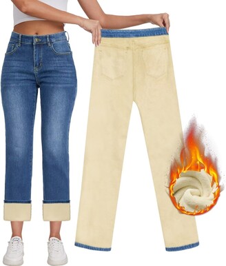 CLOYA Women's Denim Print Fake Jeans Seamless Fleece Lined Leggings, Full  Length