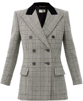 Saint Laurent Double-breasted Prince Of Wales-check Wool Blazer - Grey White