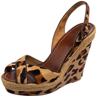 Christian Louboutin Beige/Black Leopard Print Calf Hair Peep-toe Platform  Wedge Sandals Size 40 - ShopStyle