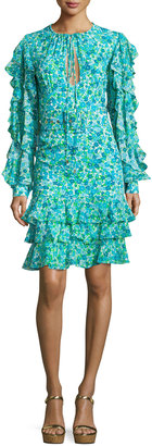 Michael Kors Collection Ruffled Floral Keyhole Dress, Turquoise