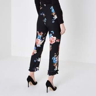 River Island Womens Black floral print ruffle cropped trousers