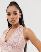 Thumbnail for your product : TFNC Petite halter neck sequin crop top in pink and silver