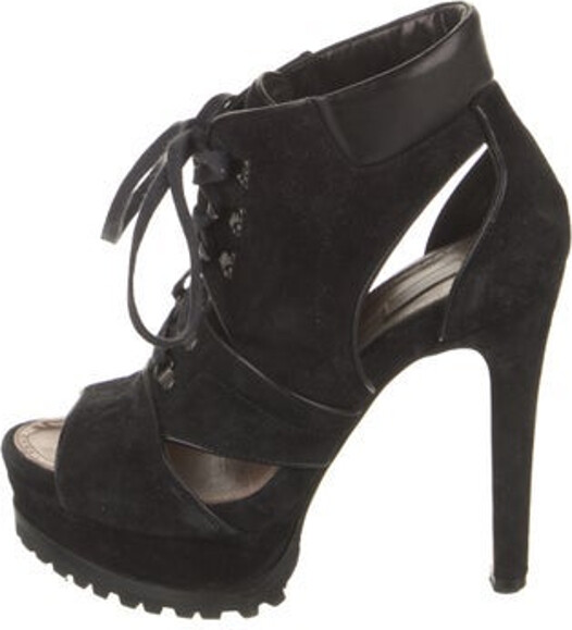 Alaia Suede Ankle Lace-Up Boots Black Leather Trim Leather & Cutout Accents Peep-Toes Platform Lace-Up Closure at Uppers Designer