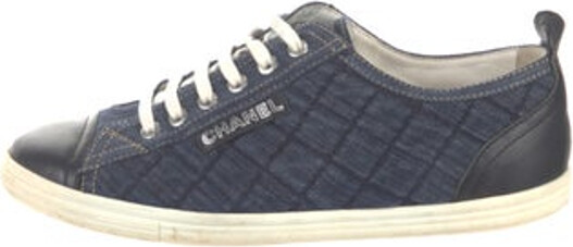Chanel Denim Low Top Sneakers From the Spring 2010 Collection by Karl Lagerfeld Blue Quilted Pattern Round-Toes Lace-Up Closure at Uppers Includes Box & Dust Bag Designer