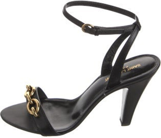 Saint Laurent Leather Sandals Black Chain-Link Accents Elasticized Straps & Buckle Closure at Ankles