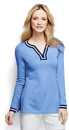 Lands' End Women's Petite Cotton Jacquard Tunic Sweater-Deep Sea Navy Stripe