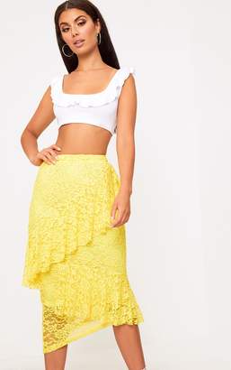 PrettyLittleThing Yellow Asymmetric Long Line Lace Midi Skirt