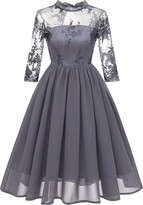 Thumbnail for your product : HaoHuodress Women's See Through Floral Embroidery Lace Cocktail Party Dress Stand Collar Cut Out Open Back Knee Length 3/4 Long Sleeve Bow Bridesmaid Dress Grey