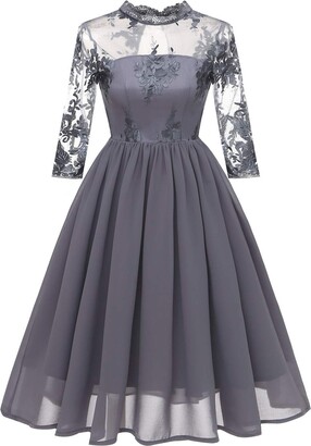 HaoHuodress Women's See Through Floral Embroidery Lace Cocktail Party Dress Stand Collar Cut Out Open Back Knee Length 3/4 Long Sleeve Bow Bridesmaid Dress Grey