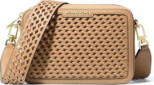 MICHAEL Michael Kors Jet Set Medium Camera Bag Woven Strap Cross Body Women's Handbags Camel, Leather/Polyester