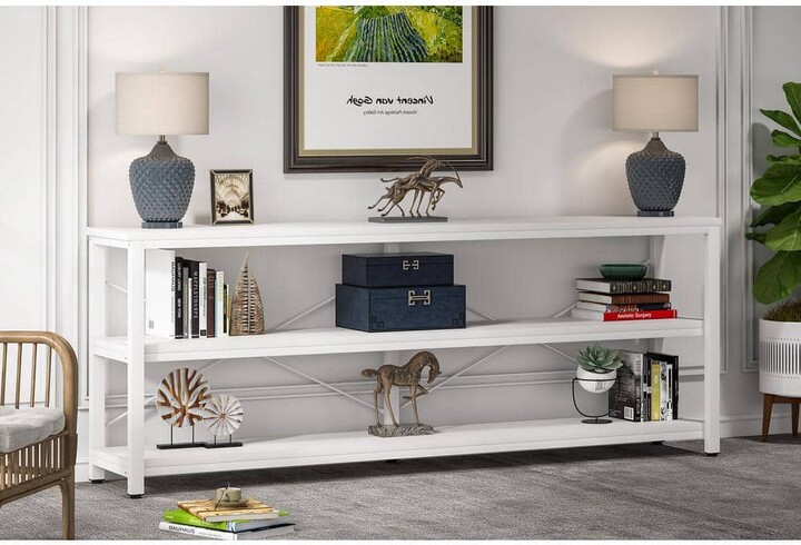 TRIBESIGNS WAY TO ORIGIN Eileen 70.9 in. Rectangle White Metal White Particle Board Wood Top Sofa Table with 3 Open Storage Shelves