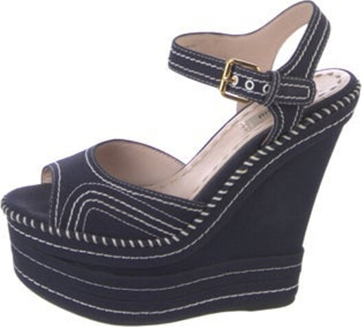 Miu Miu Canvas Slingback Pumps Blue Peep-Toes Platform Mary Jane Strap & Buckle Closure at Ankles Includes Box & Dust Bag Designer