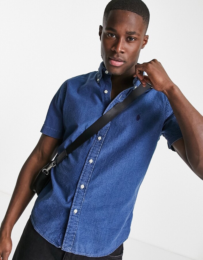 Polo Ralph Lauren icon logo short sleeve seersucker shirt custom regular  fit in indigo blue - ShopStyle