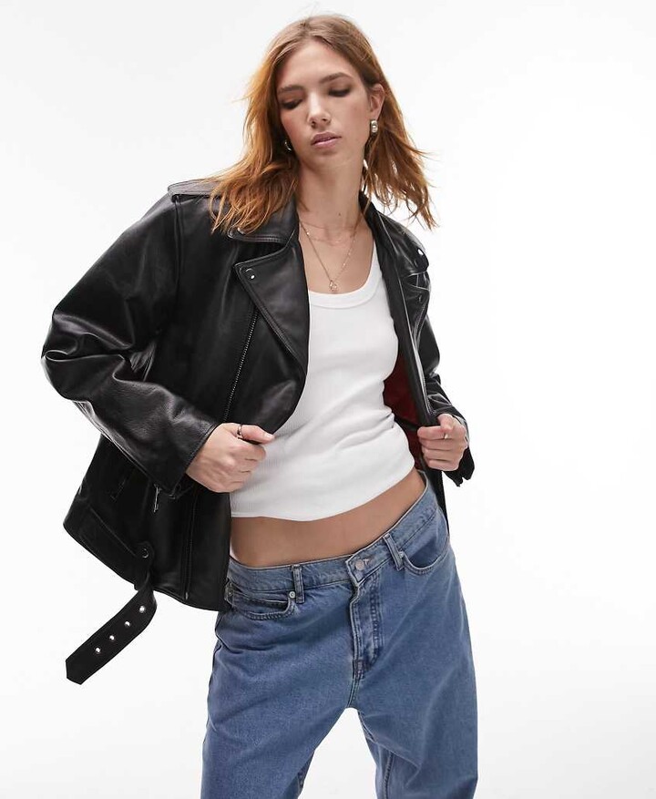 Topshop real leather oversized biker jacket in black ShopStyle