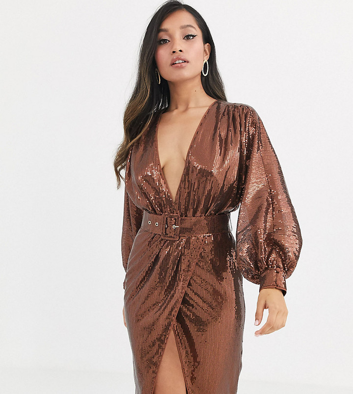 ASOS Petite ASOS DESIGN Petite midi dress with blouson sleeve and belt in  irridescent sheet sequin - ShopStyle