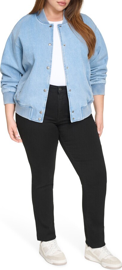 Crop Varsity Denim Bomber Jacket