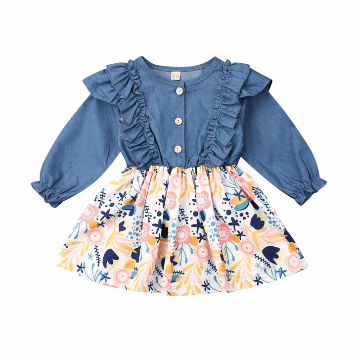 JKstore Infant Toddler Baby Girls Halloween Dress Ruffled Button Pumpkin Printed Bowknot Long Sleeve Denim Fall Skirt