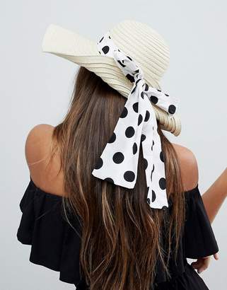 ASOS Design Straw Floppy Hat With Polka Dot Bow Detail And Size Adjuster