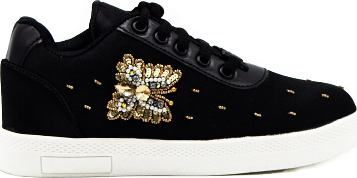 Rettrose Rylan Luxury Black Satin Handmade Embellished Tennis Shoe