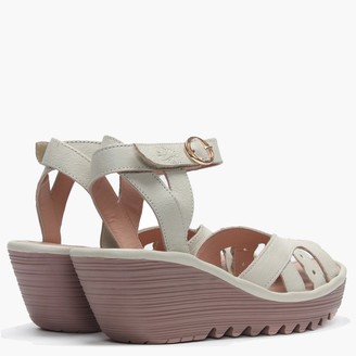 Fly London Yrat Off White Leather Wedge Sandals