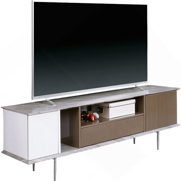 Wrought Studio Modern Contemporary Style TV Console Base Stand Open Shelf And One Drawer Attached Ball Bearing Glides Replicated Marble On Top With High Gloss Champa