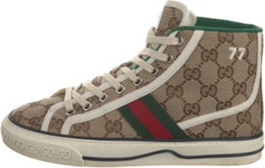 Gucci Canvas High Top Sneakers Neutrals GG Canvas & Web Accent Rubber Trim Round-Toes with Embroidered Accent Lace-Up Closure at Uppers Includes Dust Bag Designer