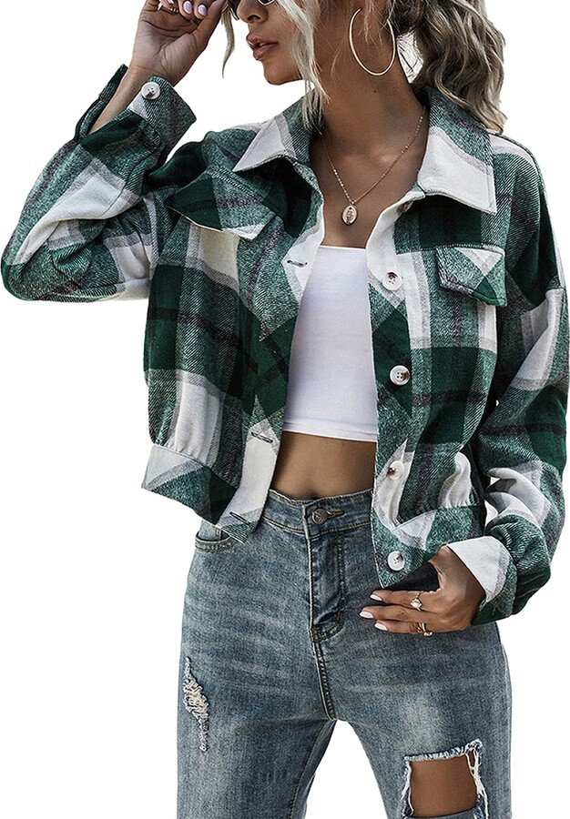 Lianlive Womens Cropped Plaid Shacket Button Down Short Flannel Shirt Jacket  (Green-XL) - ShopStyle Tops