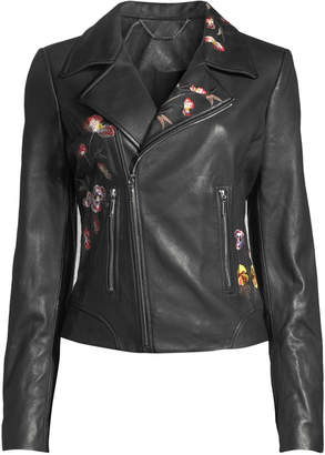 Elie Tahari Mae Zip-Front Floral-Embroidered Lamb Leather Moto Jacket