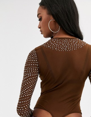 ASOS DESIGN embellished long sleeve mesh body with crystal studs
