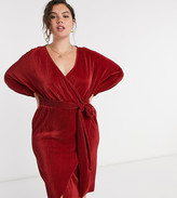 Thumbnail for your product : ASOS Curve DESIGN Curve exclusive plisse batwing wrap midi dress with self tie belt in rust