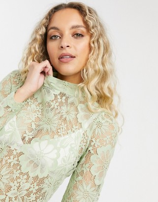 Vero Moda high neck lace top in green - ShopStyle