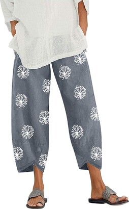 CUTUDE Ladies Trousers Cropped Elastic Women's Cotton Linen Casual Loose  Fit Harlan Pants Flower Printed Embroidery Elastic Baggy Waist Sweatpants  with Pockets (E-Green - ShopStyle